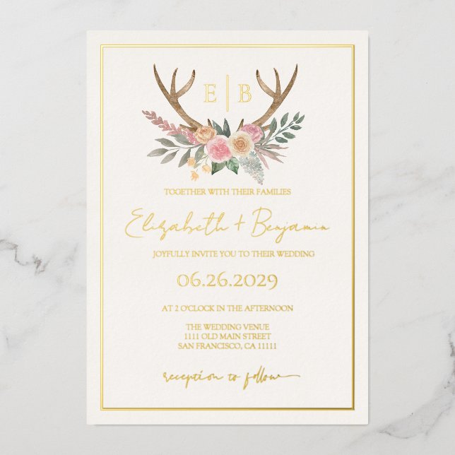 Antlers Floral Stag Pink Flowers Wedding Real Gold Foil Invitation (Front)