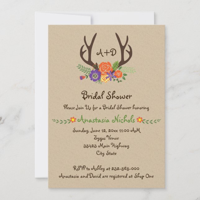 Antlers & flowers monogram wedding bridal shower invitation (Front)