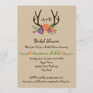 Antlers & flowers monogram wedding bridal shower invitation