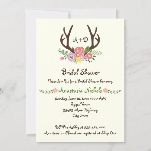 Antlers  flowers monogram wedding bridal shower invitation