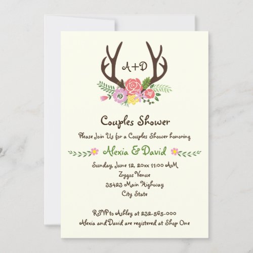 Antlers  flowers monogram wedding couples shower invitation