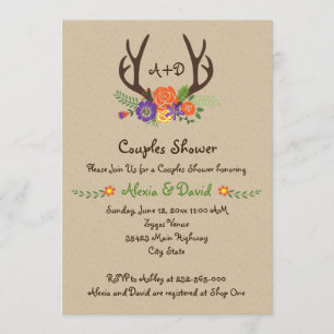 Antlers & flowers monogram wedding couples shower invitation