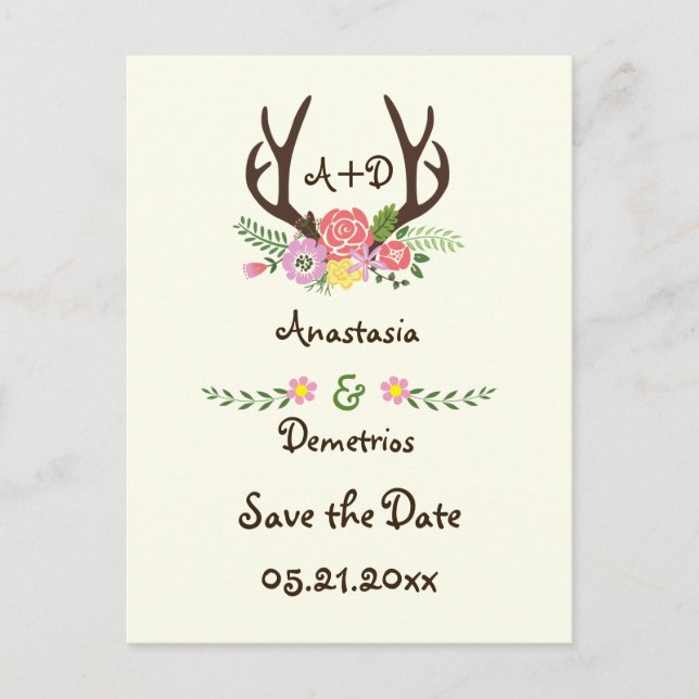 Antlers & flowers monogram wedding Save the Date Announcement Postcard (Front)