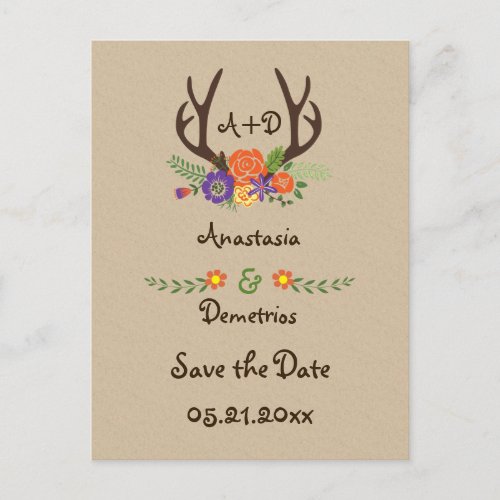 Antlers  flowers monogram wedding Save the Date Announcement Postcard