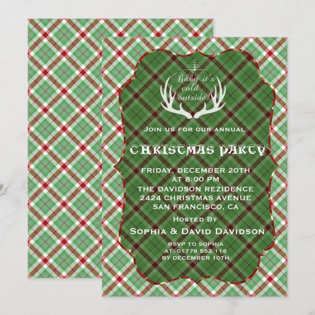 Antlers Green Plaid Christmas Party Invitation (Front/Back)