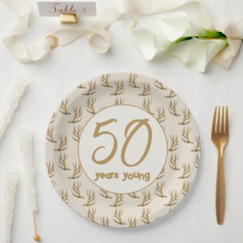 Antlers Hunter Birthday Years Young  Paper Plates by DustyFarmPaper at Zazzle