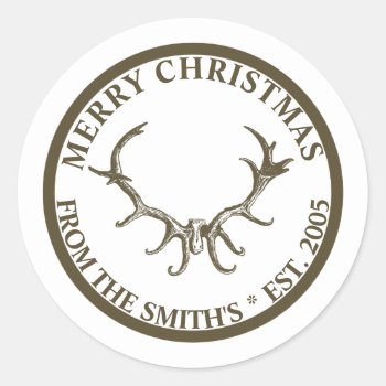 Antlers Merry Christmas Classic Round Sticker by camcguire at Zazzle