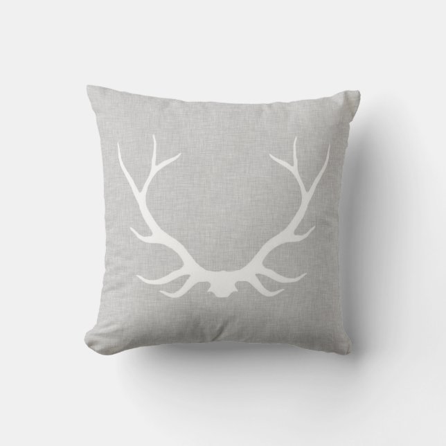 Antlers on grey linen throw pillow (Front)