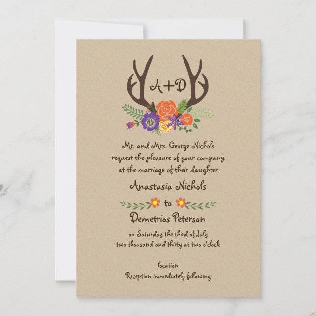 Antlers & orange flowers monogram woodland wedding invitation (Front)