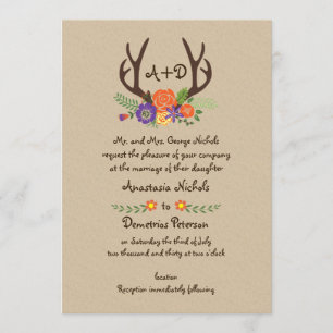 Antlers & orange flowers monogram woodland wedding invitation