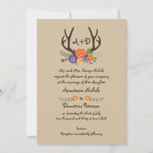 Antlers  orange flowers monogram woodland wedding invitation