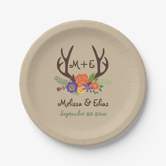 Antlers & orange purple flowers rustic wedding paper plates (Front)