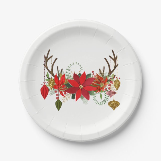 Antlers Ornaments Floral Antlers Holiday Rustic Paper Plates (Front)
