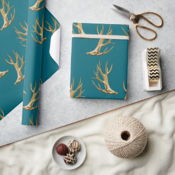 Antlers Pattern Dark Teal Blue Masculine Gift Wrapping Paper by DustyFarmPaper at Zazzle