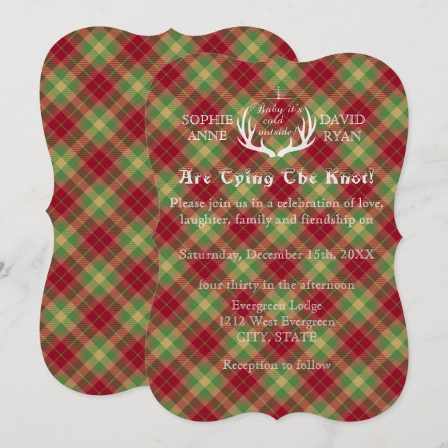 Antlers Red and Green Plaid Wedding Invitation (Front/Back)