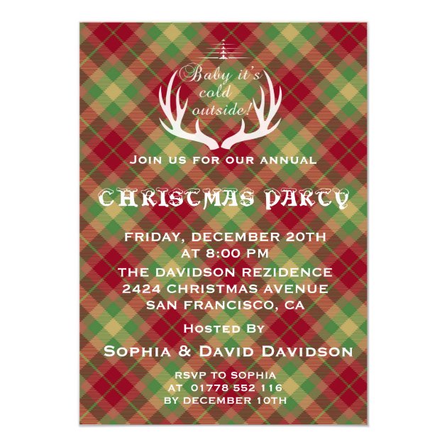 Antlers Red Green Plaid Christmas Party Invitation