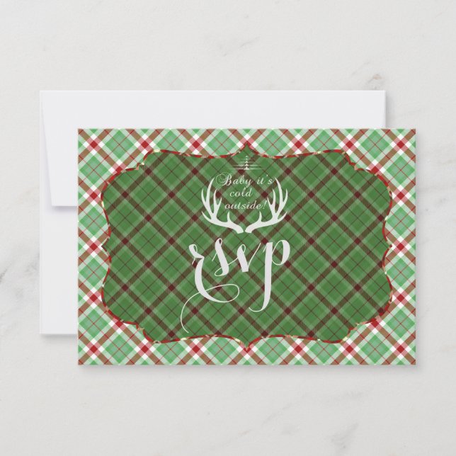 Antlers Red Green Plaid Wedding RSVP (Front)