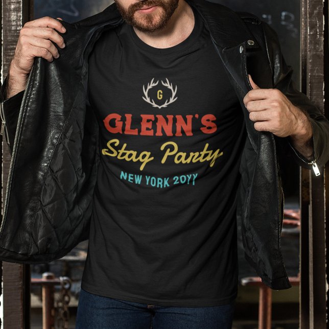 Antlers Retro Colors Name's Stag Party Monogram T-Shirt (Creator Uploaded)