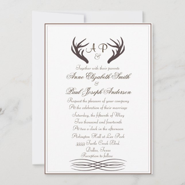 Antlers Rustic Elegant Wedding Invitation White (Front)