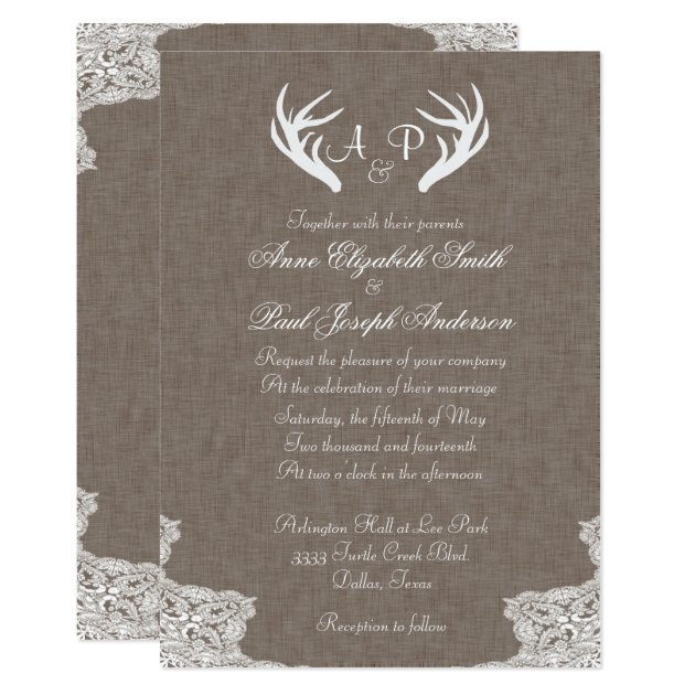 Antlers Rustic Wedding Invitation Fabric And Lace