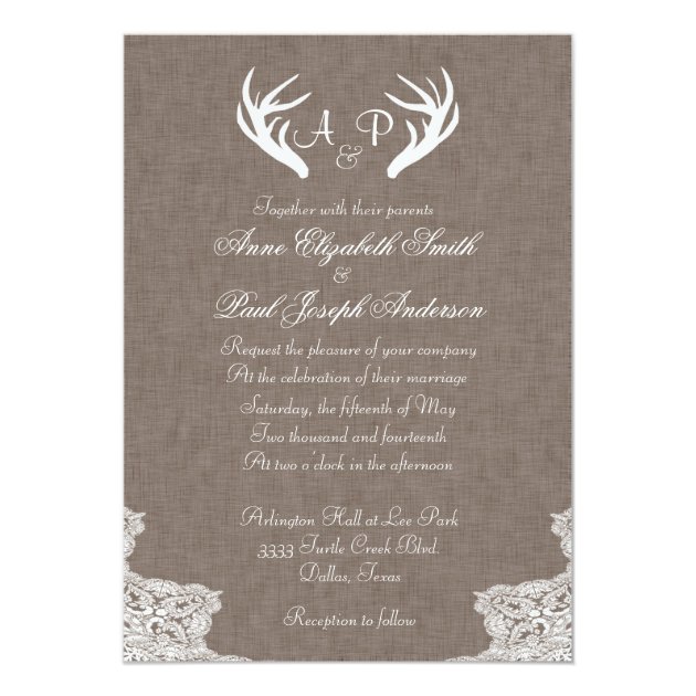 Antlers Rustic Wedding Invitation Fabric And Lace