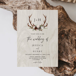 Antlers Rustic Wood Boho Wedding Invitation