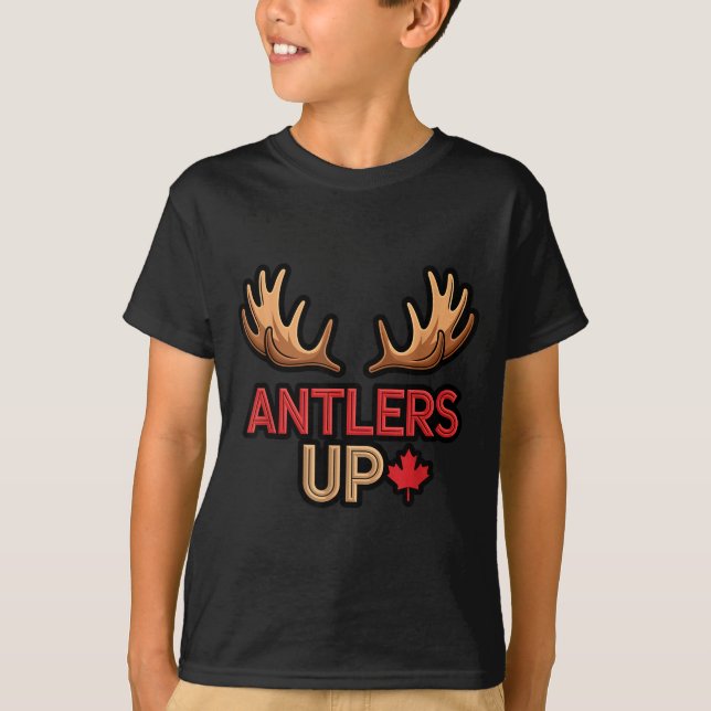 Antlers Up Canadian Pride Funny Canada Flag Moose  T-Shirt (Front)