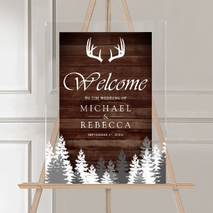 Antlers Wood Forest Winter Wedding Welcome Acrylic Sign