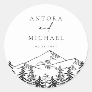 ANTORA Black & White Mountains Wedding Names Classic Round Sticker