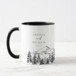 ANTORA Black & White Mountains Wedding Names Mug<br><div class="desc">This coffee mug features a black and white pine tree sketch with editable coloring. This ceramic cup is a perfect keepsake gift for the bride and groom.</div>