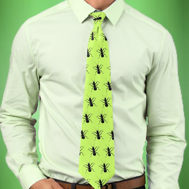 Ants Go Marching Tie (Bright green mens necktie with marching black ants.)