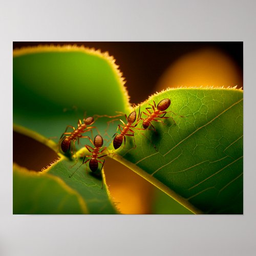 Ants on a green leaf close_up macro poster