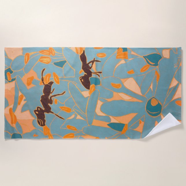 Ants with Blue flowers Autralian Flora Beach Towel (Front)