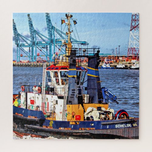 Antwerp Belgium scenic photo with tugboat Jigsaw Puzzle