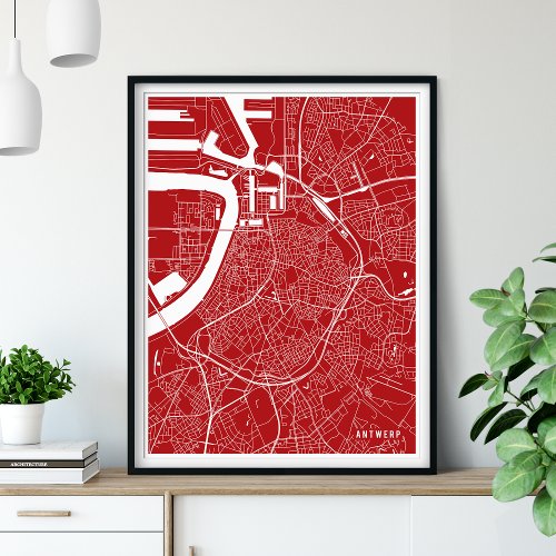 Antwerp Map Modern Red City Map Poster