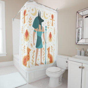 Anubis Ancient Egyptian God Ankh Teal Orange Shower Curtain