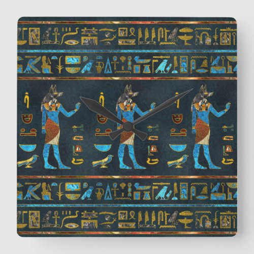 Anubis Egyptian  Gold Blue and Red glass Square Wall Clock