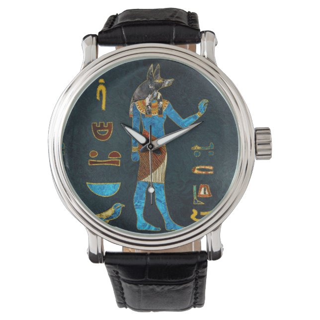Anubis Egyptian  Gold, Blue and Red glass Watch (Front)