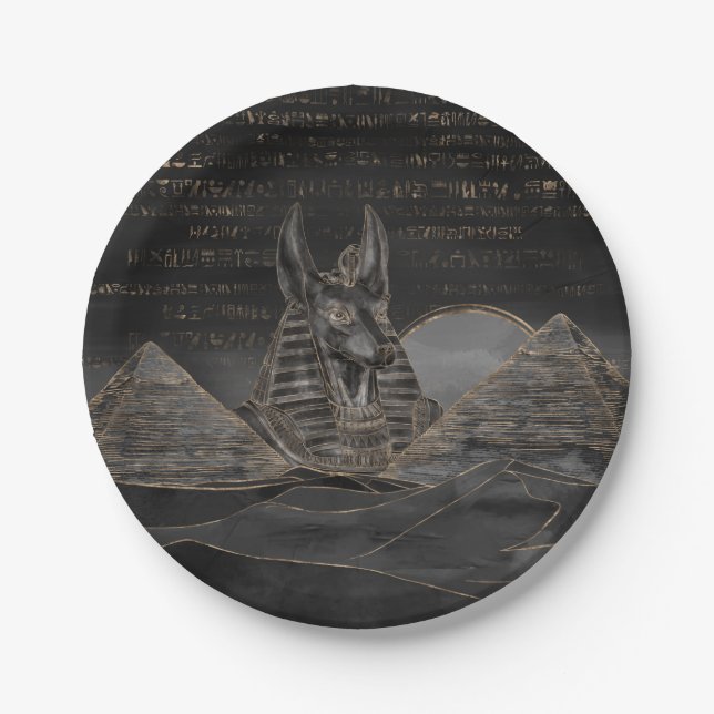 Anubis on Egyptian pyramids landscape Paper Plates (Front)