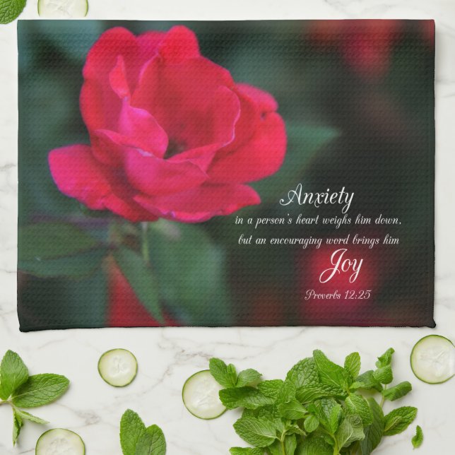 Anxiety in the heart -Joy Rose verse from Proverbs Kitchen Towel (Folded)