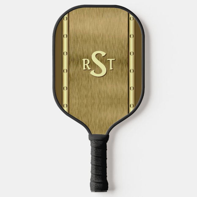 Any 3 Initial Letter Monogram Brushed Metal Brown  Pickleball Paddle (Front)
