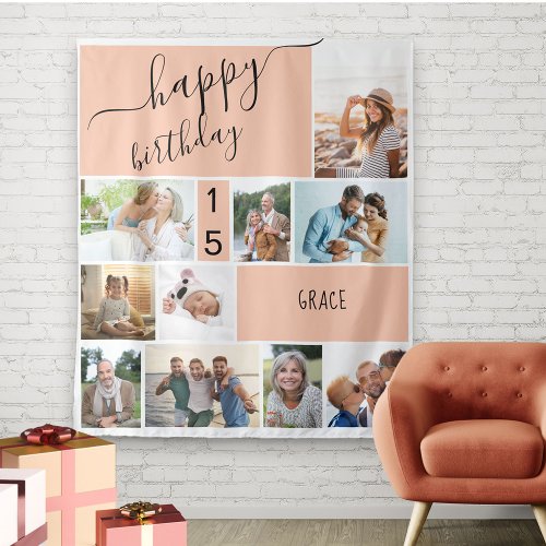 Any Age 10 Photo Collage Personalized Peach Tapestry
