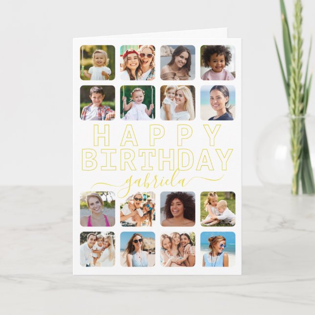 Any Age 16-Photo Collage Birthday Card – Yellow Mo (Front)