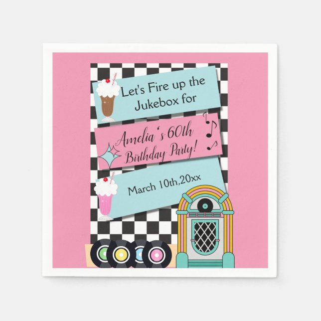 Any Age, 1950's Diner Birthday Invitation Napkins (Front)