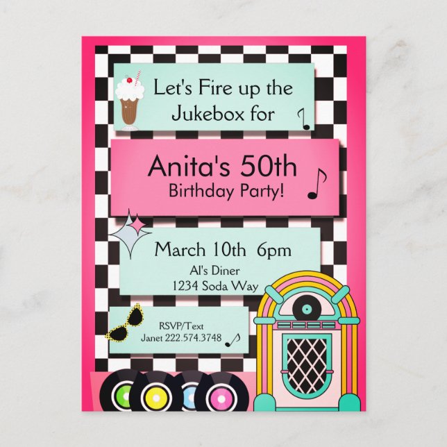 Any Age, 1950's Diner Birthday Invitation Postcard (Front)