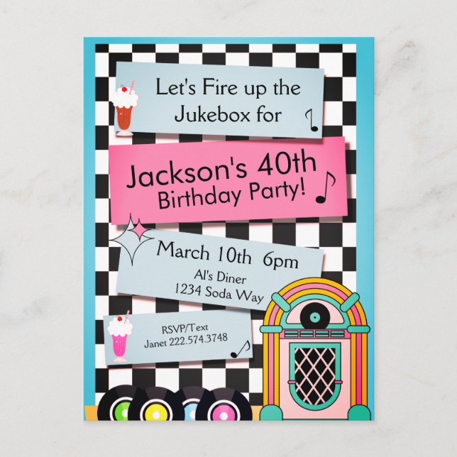 Any Age, 1950's Diner Birthday Invitation Postcard (Front)