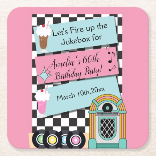 Any Age 1950s Diner Birthday Invitation Square Paper Coaster