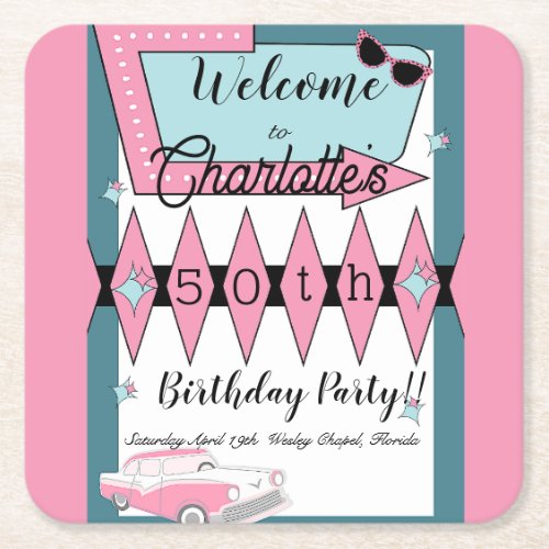 Any Age 1950s Retro Birthday  Square Paper Coaster