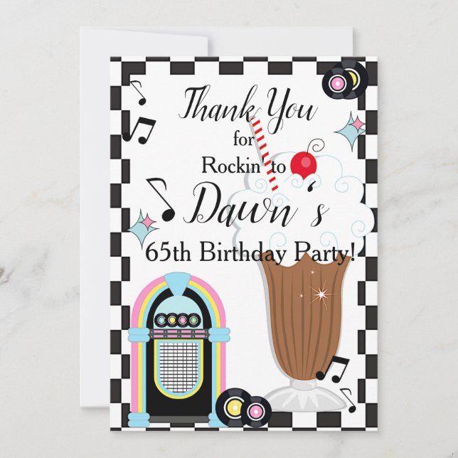 Any Age, 1950's Retro Birthday  Thank You Card (Front)