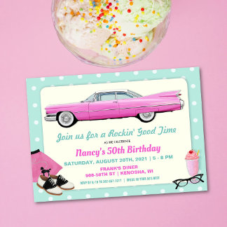 ANY AGE - 1950's Retro Pink Cadillac Birthday Invitation